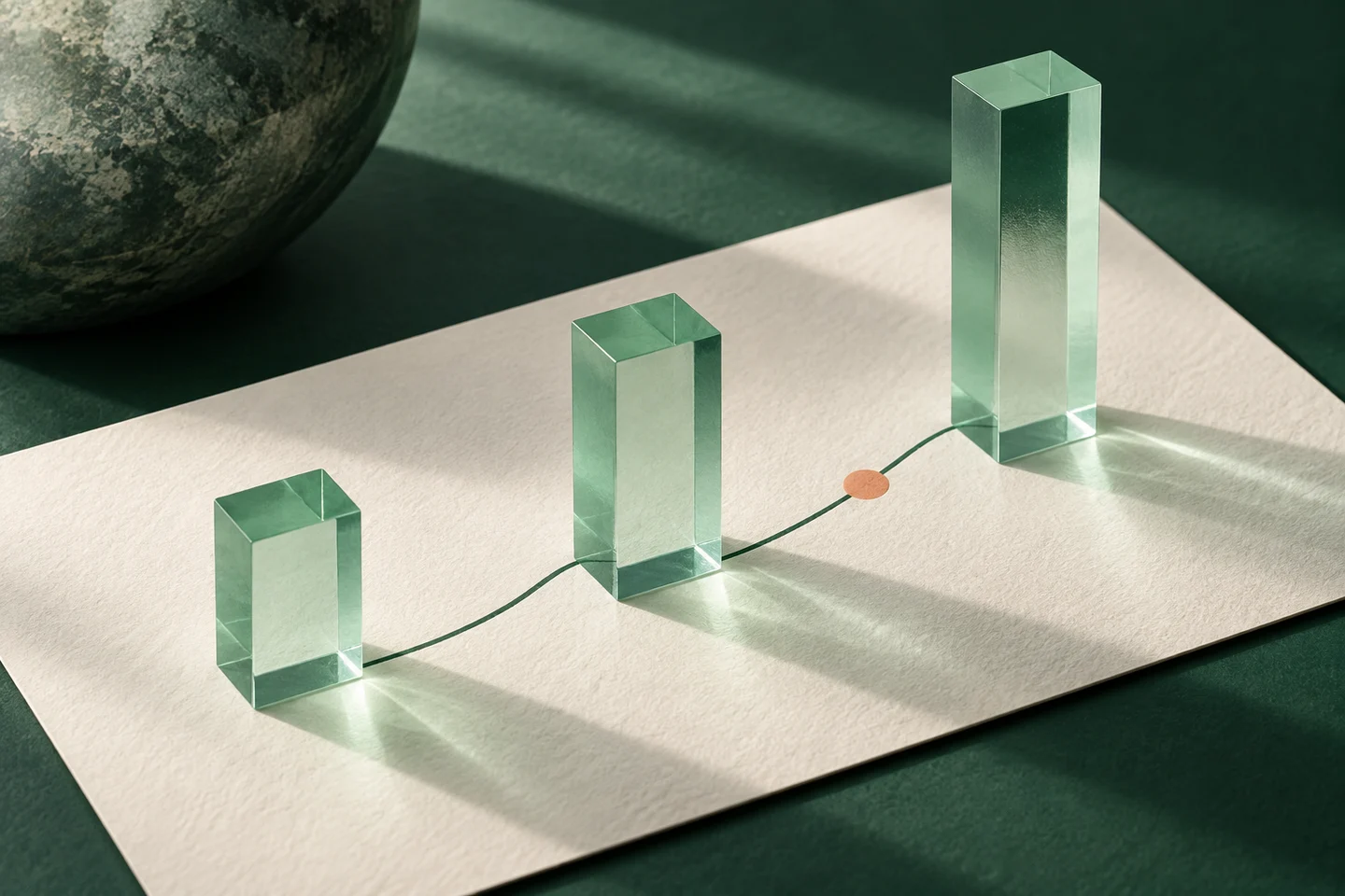 Ilustração de prismas de vidro verde com alturas diferentes, ligados por uma linha sobre papel