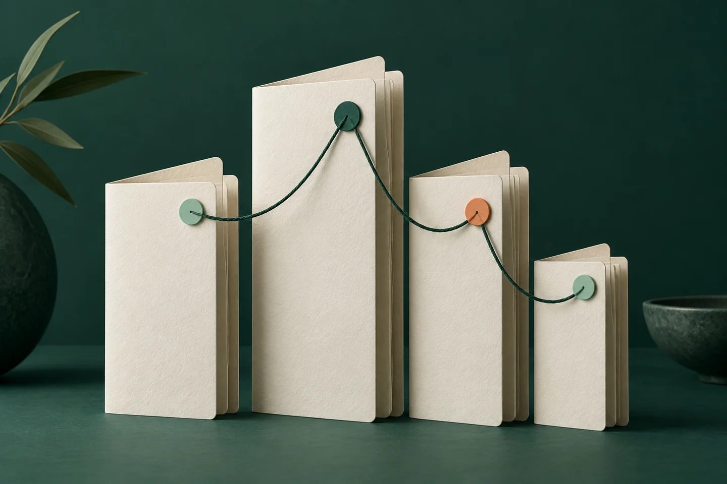 Ilustração de quatro dossiers de alturas diferentes, ligados pelo mesmo fio verde