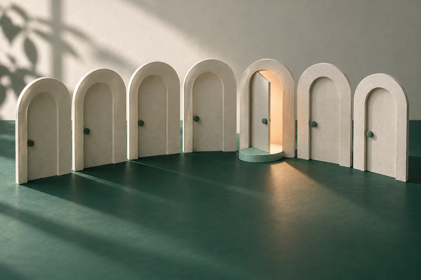 Ilustração de sete portas em papel, com uma porta aberta a revelar uma nova oportunidade