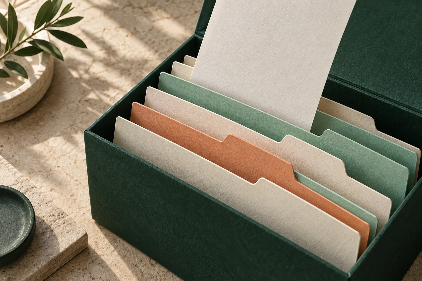 Ilustração de uma caixa verde com pastas de papel organizadas e um documento no seu destino