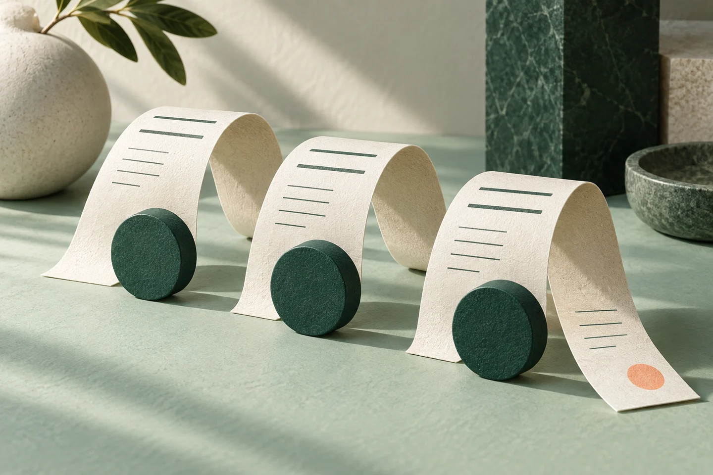 Ilustração de uma fatura de papel dividida em três arcos, com uma peça verde por prestação