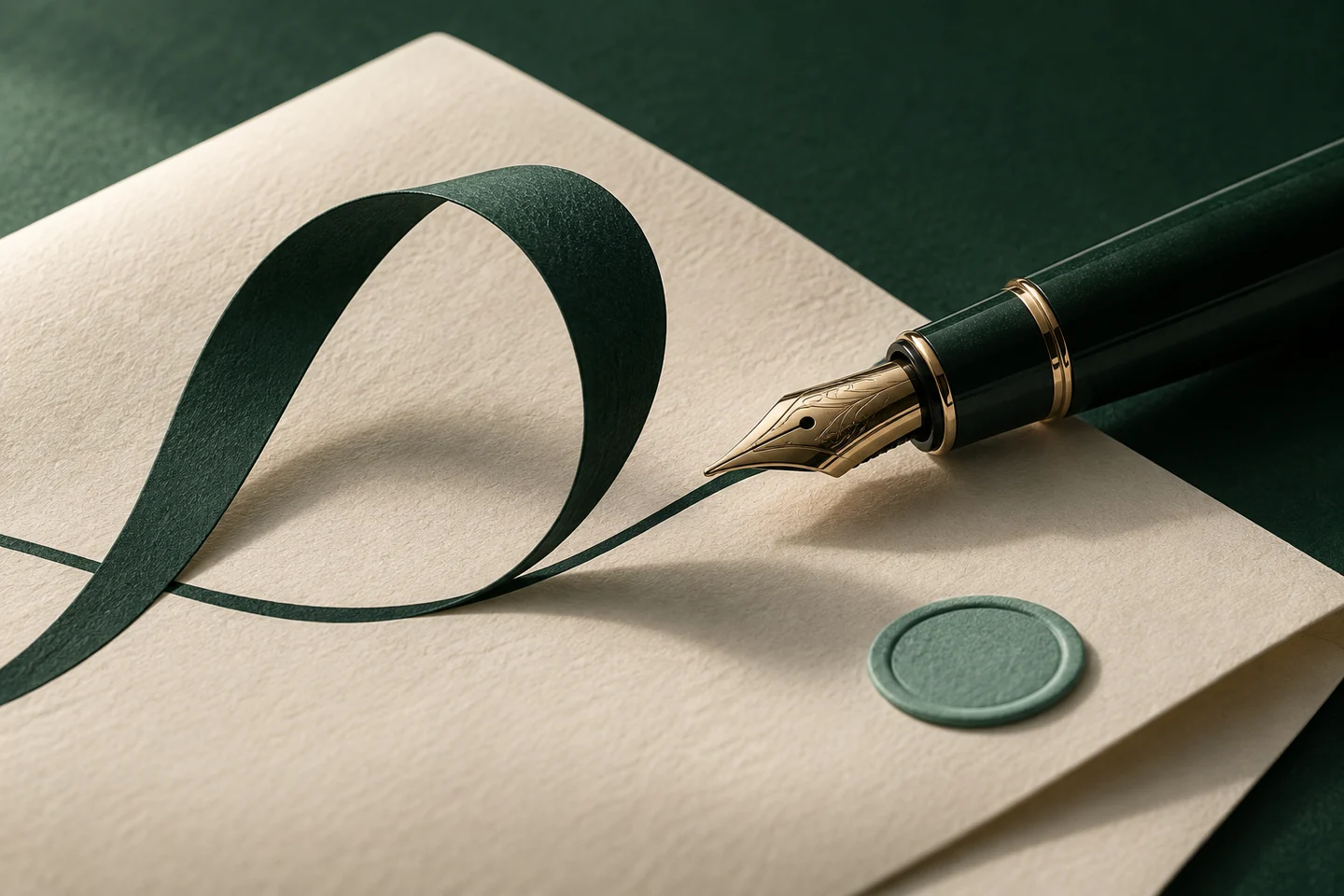 Ilustração de uma pena verde e de um traço de assinatura sobre um documento em papel